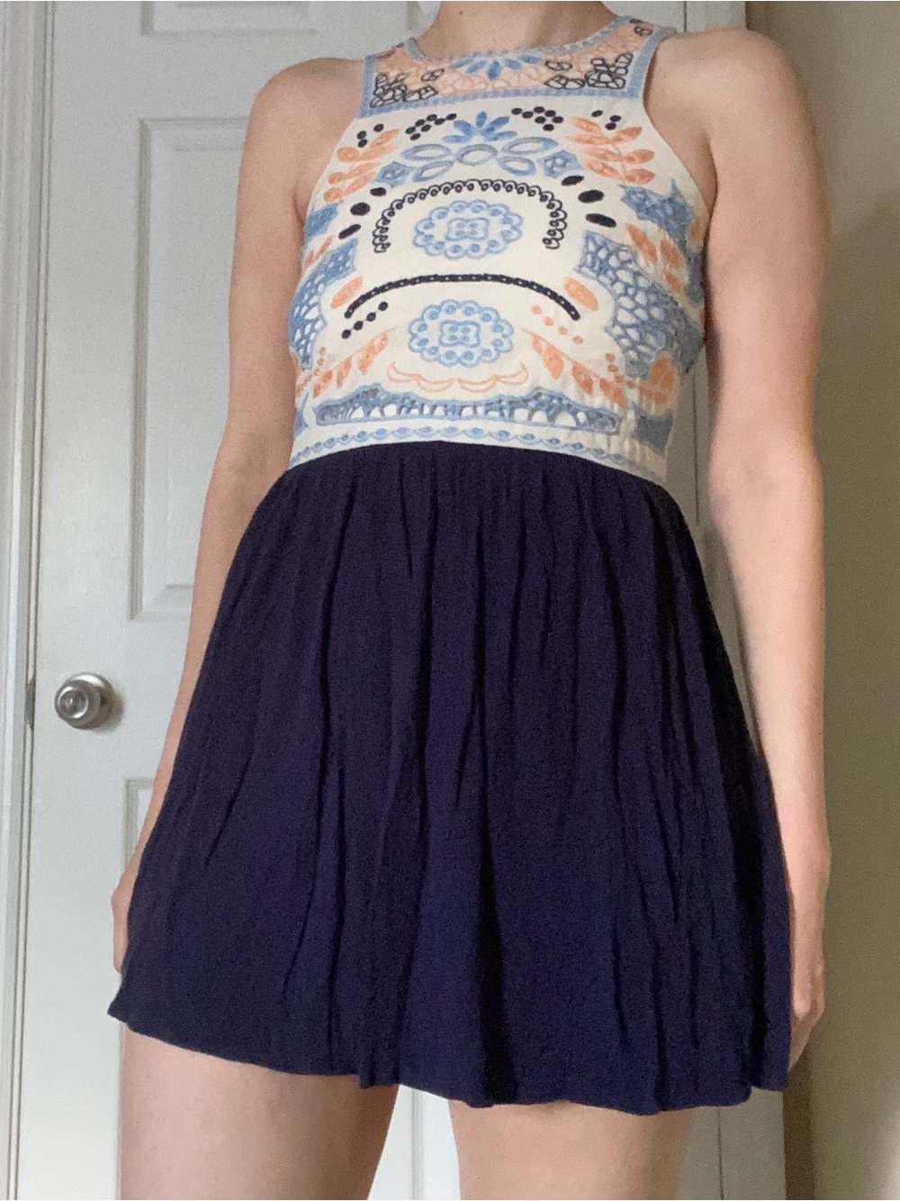 Cream Embroidered Floral Dress with Navy Skirt